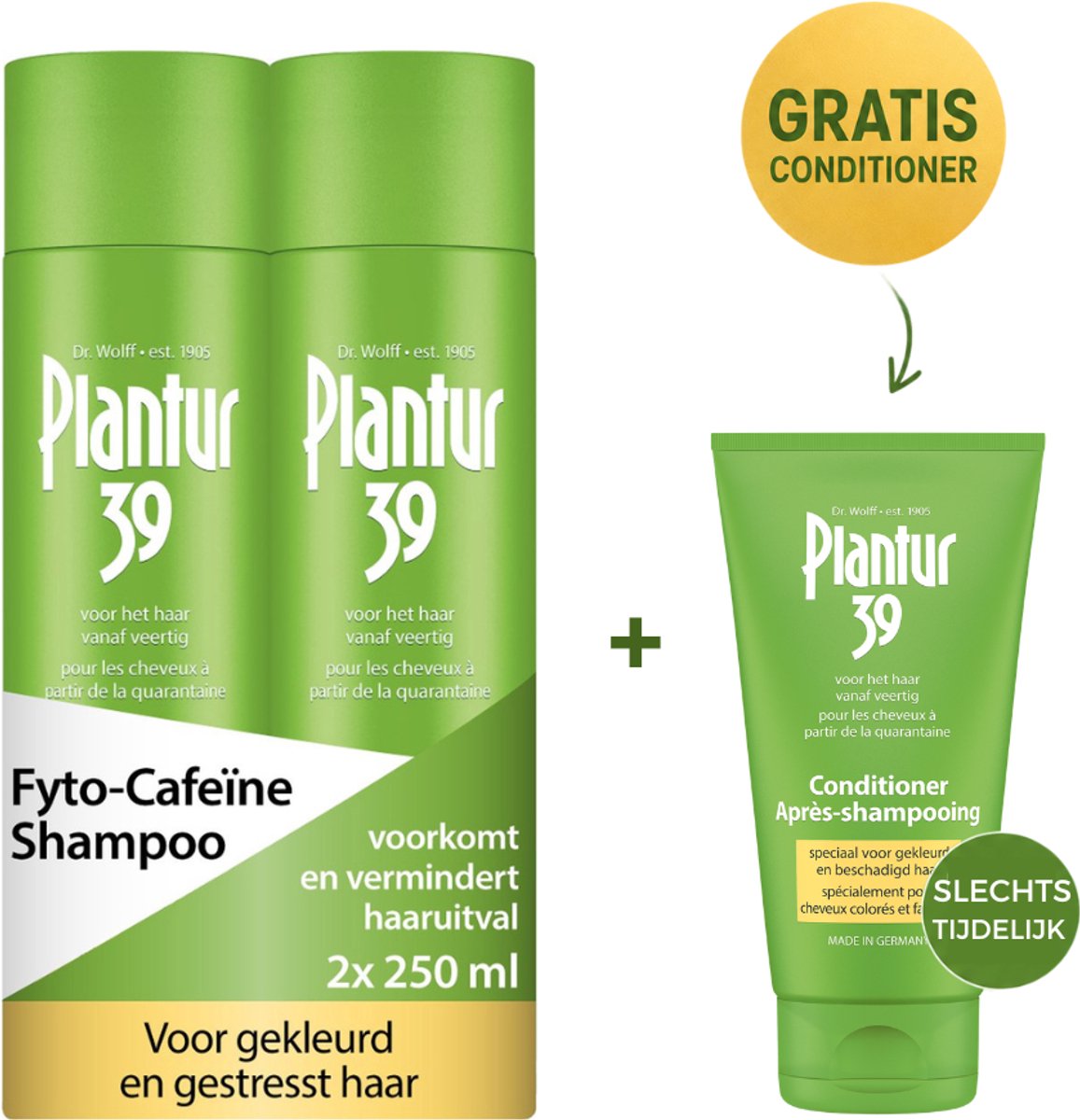 Plantur 39 Cafeïne Shampoo voorkomt en vermindert haaruitval 2x 250ml + GRATIS Extra Conditioner | Voor gekleurd en gestrest haar