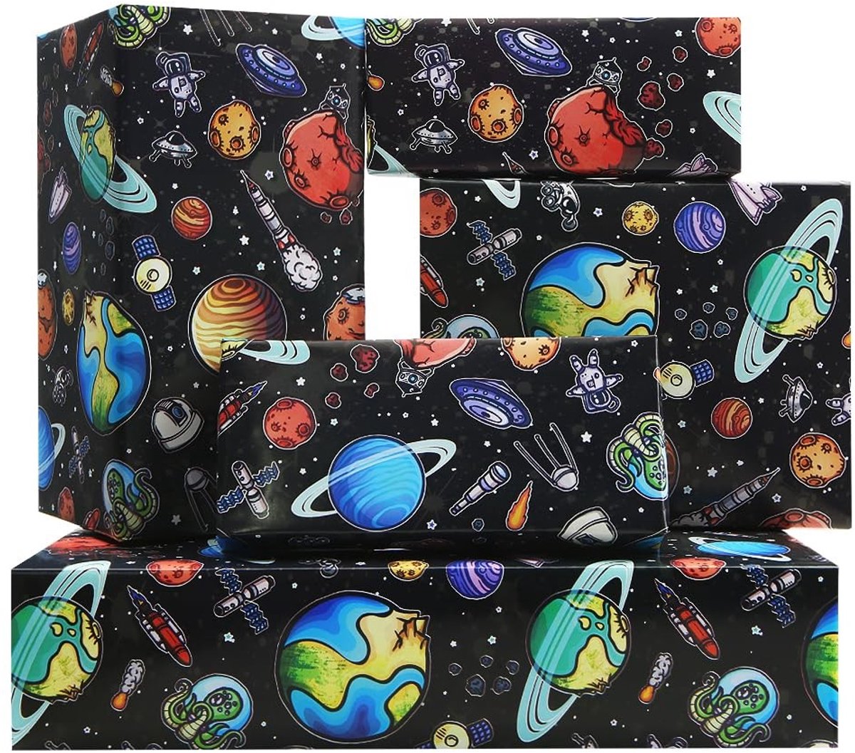 Dailygoods- Inpakpapier Verjaardag - Ruimte Thema - 4 Vellen - Astronauten/Raketten/Satellieten - Zwart Kunstpapier - Sterke Visuele Impact - Cadeaupapier