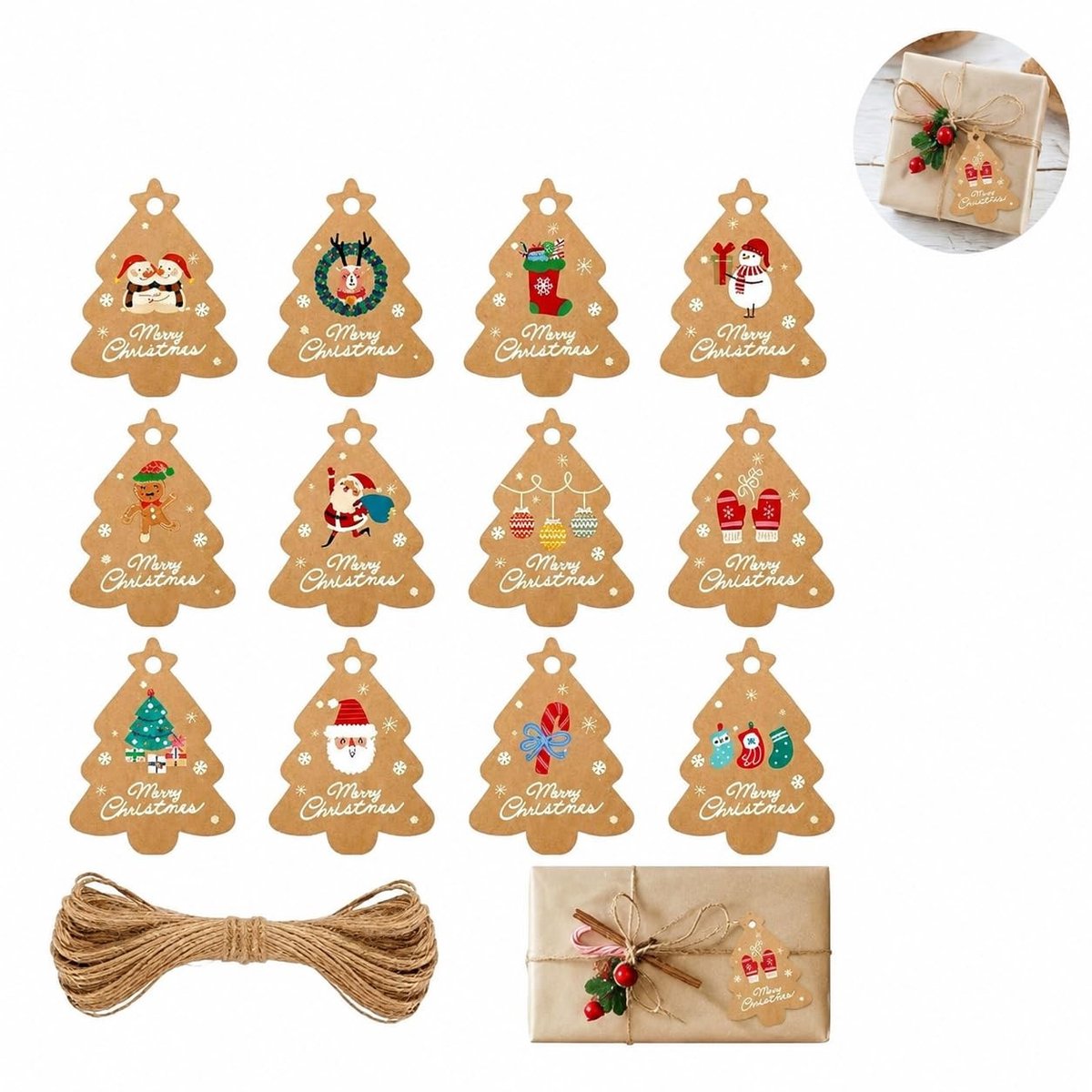Dailygoods- Geschenklabels 48 Stuks - Kraft Papier - 12 Ontwerpen - Kerstdecoratie - Cadeauverpakkingen - Stevig - Inclusief Touwtje - Cadeaukaarten
