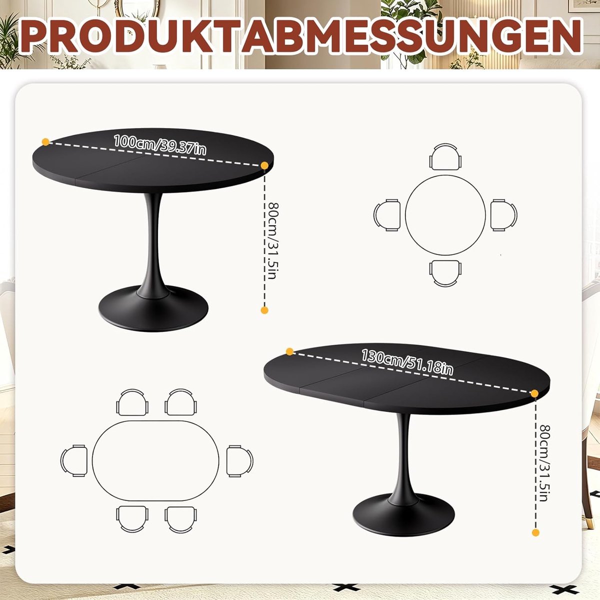Amara Ronde en Uitschuifbare Eettafel 100-130 x 90 x 75 cm – Ovaal Verlengbare Keukentafel