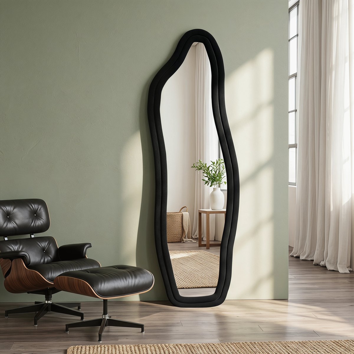Onregelmatige Staande Spiegel 140 x 45cm, Slaapkamer Vloerspiegel, Golvende Spiegel met Fluwelen Rand, Wandspiegel, Controleer je Outfit, Make-up Details (Zwart, 140x45cm)