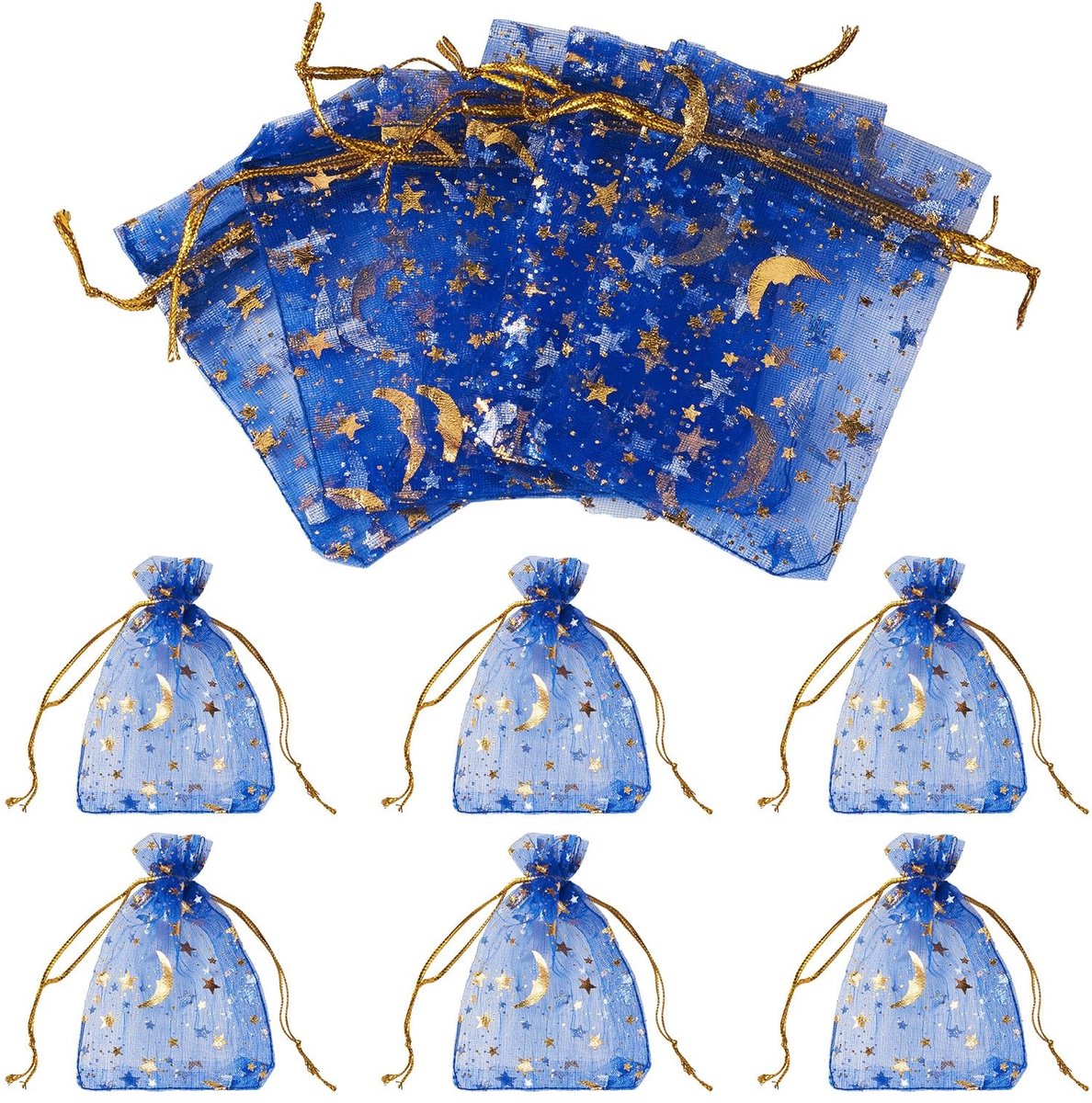 Dailygoods- Organza Zakken 30 Stuks - Blauw met Gouden Maan/Ster Patroon - Trekkoord Geschenktas - 9x7 Cm - Duurzaam - Ademend Materiaal - Geschenkzakjes