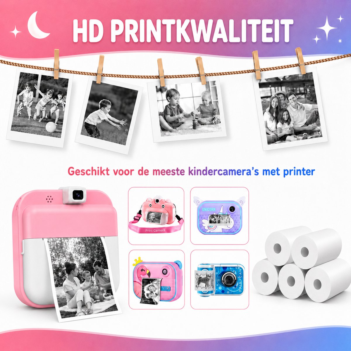 Luumuu® Thermische Printrollen Set Van 5 - Navulling Voor Digitale Kindercamera Met Foto Printer - Papierrollen - Printpapier - Goed voor 350 Foto's - Wit - BPA-Vrij - Incl. Stickervel — afbeelding 2
