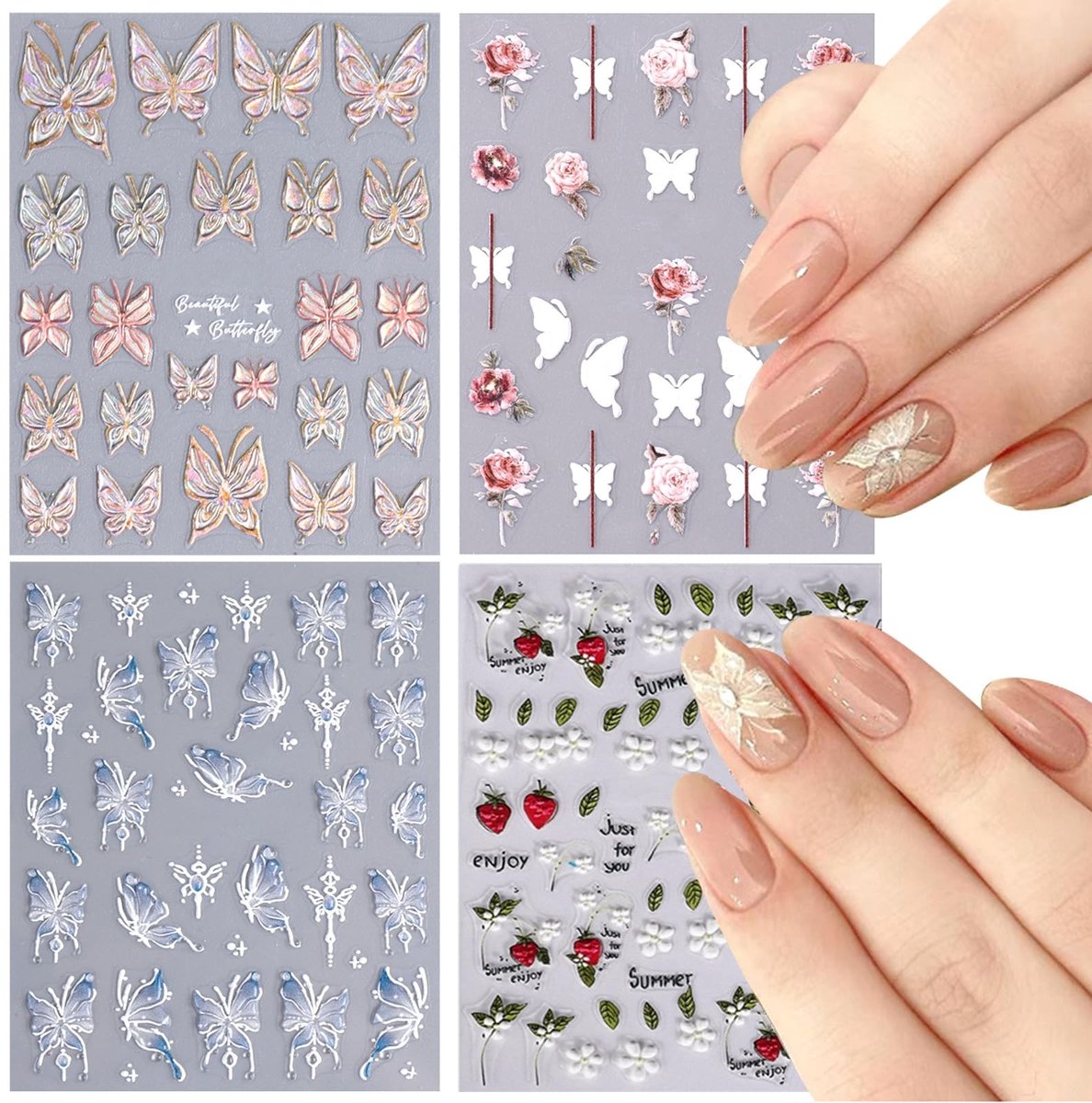 Dailygoods- Nail Stickers Zelfklevend - 4 Bladen - Vlinders/ Bloemen - Nagel Decoratie - Nail Art - 8 x 6,5 cm - Nailart