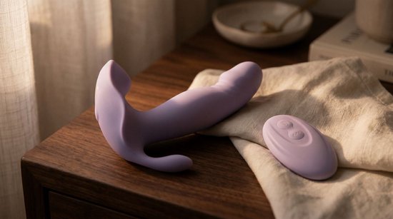 Paarse vibrator en ovale afstandsbediening op een houten nachtkastje met linnen doek.