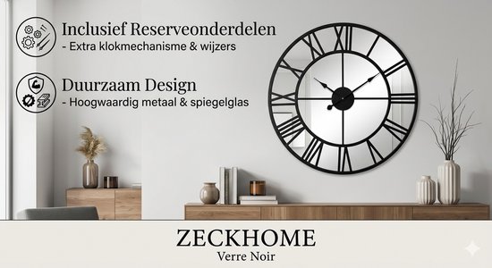 Zeckhome Verre Noir – Horloge Murale Ø 60 cm – Horloge Miroir – Verre Glas – Chiffres Romains – Horloge Quartz Silencieuse