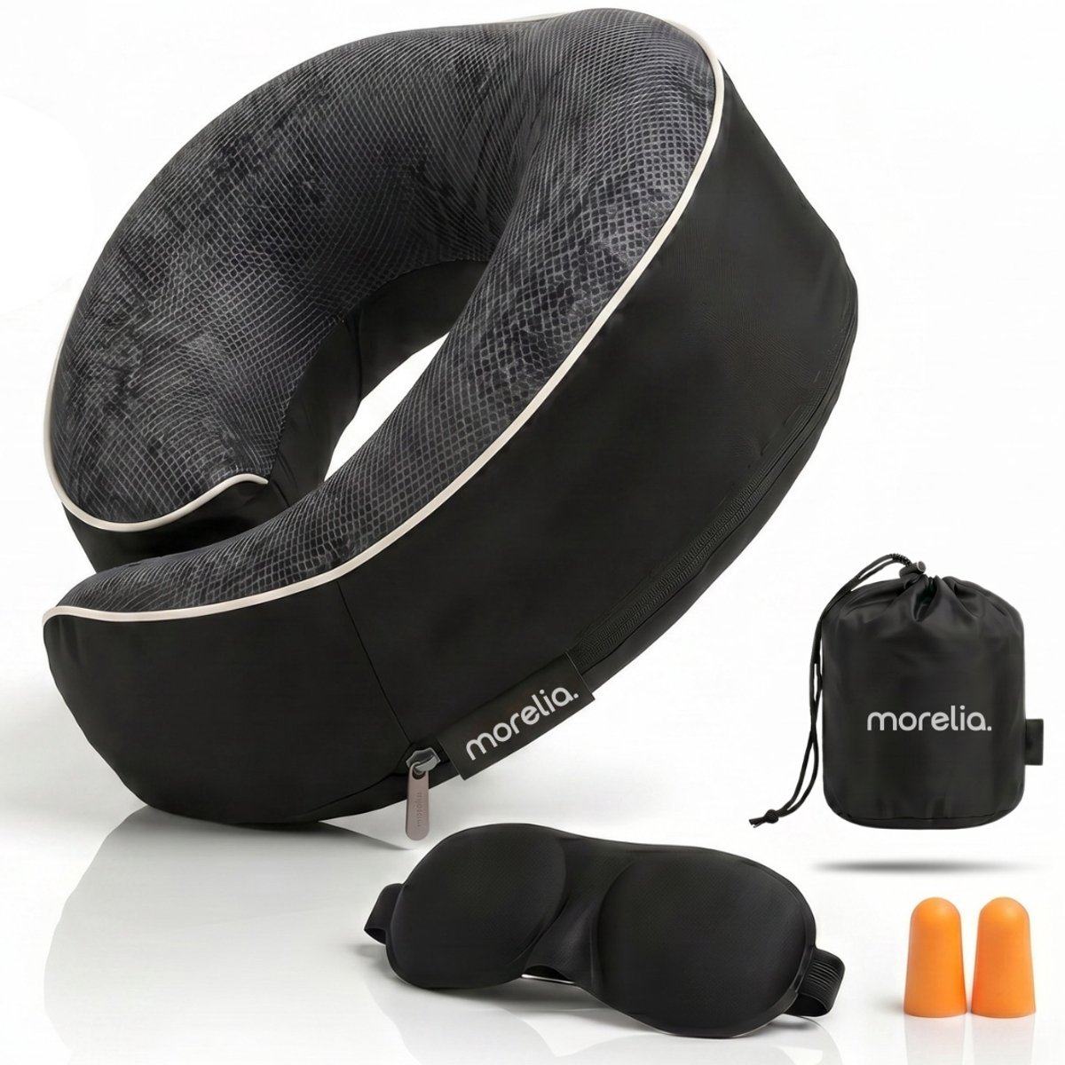 Bol.com Morelia® Volledige Set Nekkussen Zwart - Luxe Reiskussen voor het Vliegtuig en de Auto - Traagschuim aanbieding