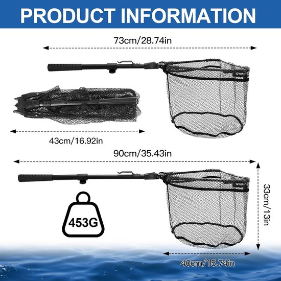 Productinformatie: Uitgeschoven visnet 90 cm, ingevouwen 43 cm. Visnet weegt 453 gram.