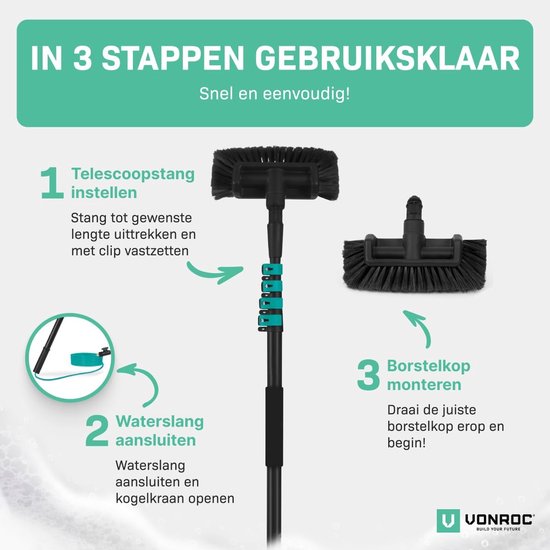 VONROC Telescopic washing brush - 4.6 m - Incl. Brush head, water hose and soap dispenser — afbeelding 4