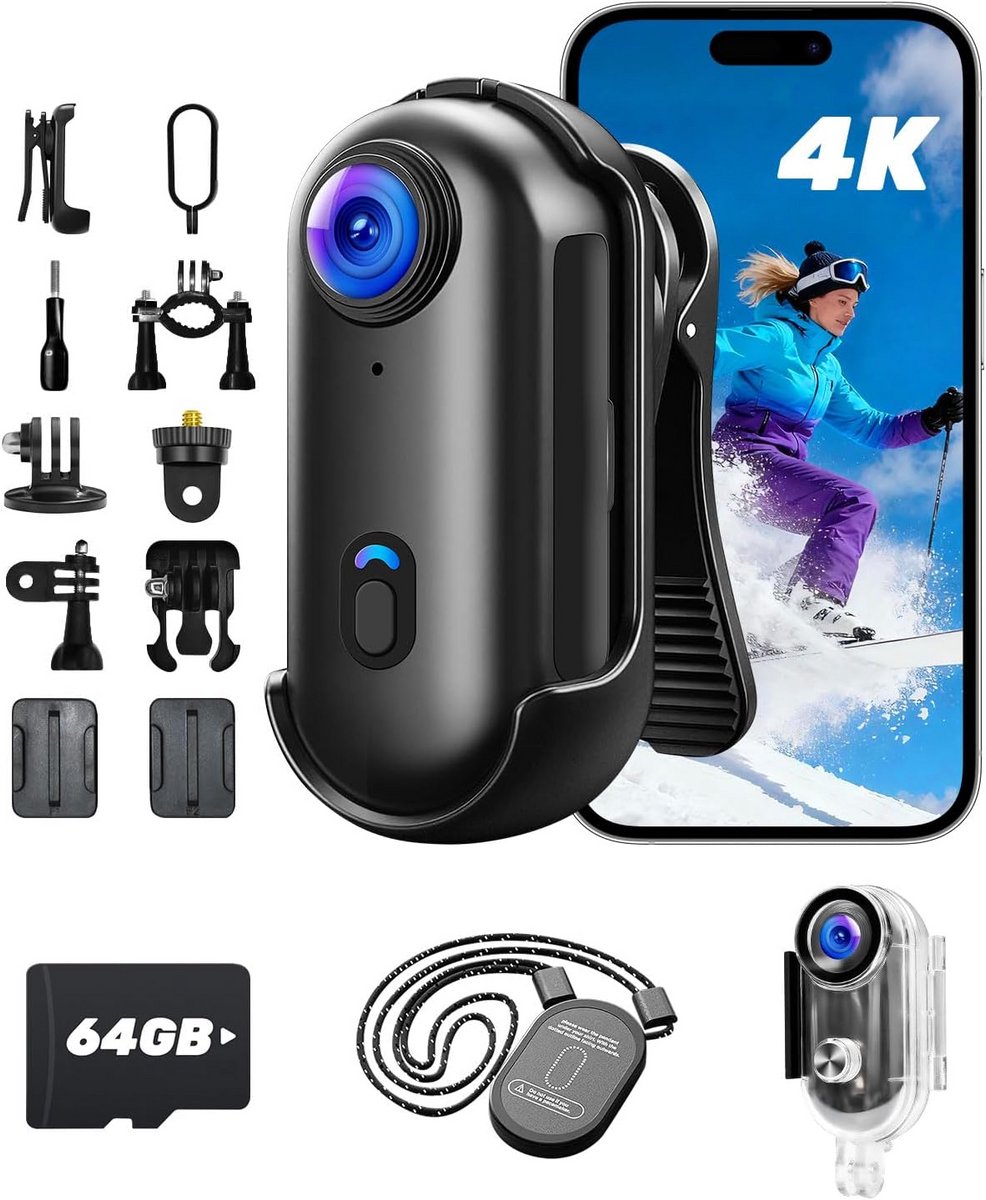 Actie Camera - Mini Bodycam - Vloggen Reizen - Magnetische Clip - 4K Ultra HD - Zwart
