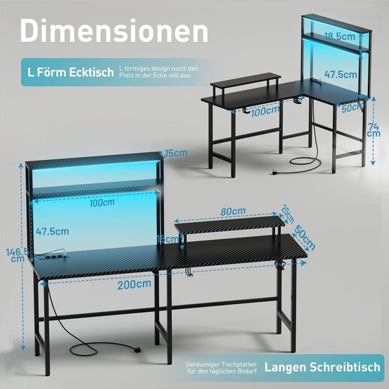 Gamingtafel Hoekbureau - Computertafel Werkstation - Professioneel Werken Spelen - Geïntegreerde LED Verlichting - 150 x 100 cm - Zwart Koolstofvezel — afbeelding 4