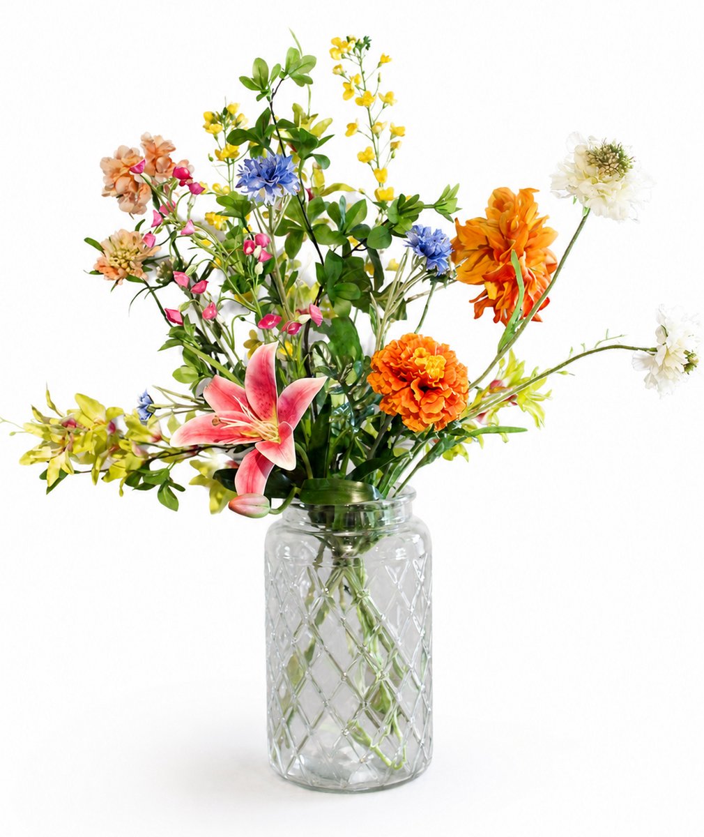 Bloemenjunkie - Kunstbloemen - Inclusief Vaas- Zijden Bloemen - Boeket - Veldboeket - 70cm Hoog - 10 Stelen - nepbloemen