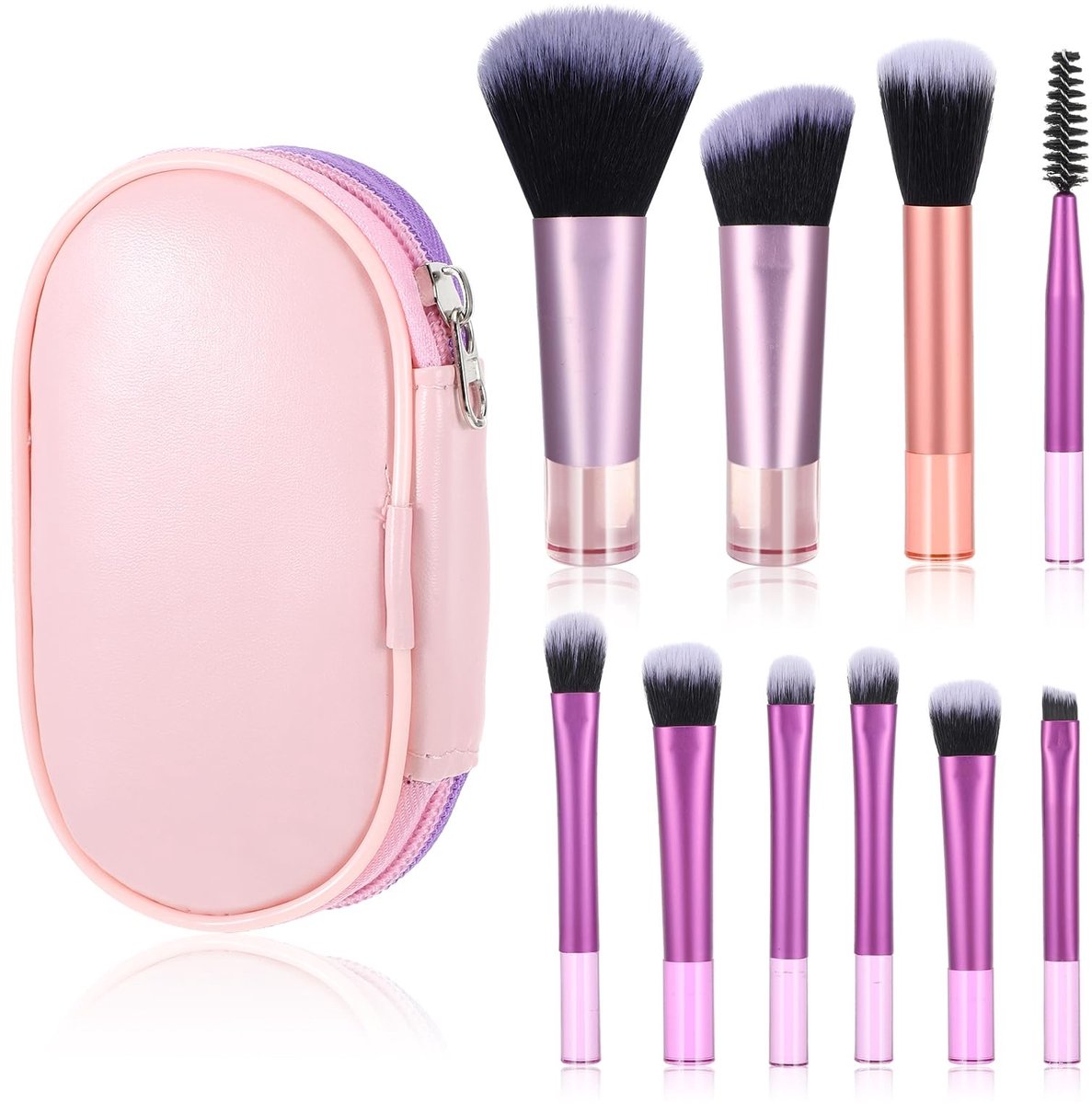 Dailygoods- Make-up Borstel Set 10 Stuks - Reizen Borstels - Mini Oogschaduw/Concealer - Draagbare Make-up Tools - Roze/Paarse/Orenge Kleur - PU/Kunstmatige Vezel