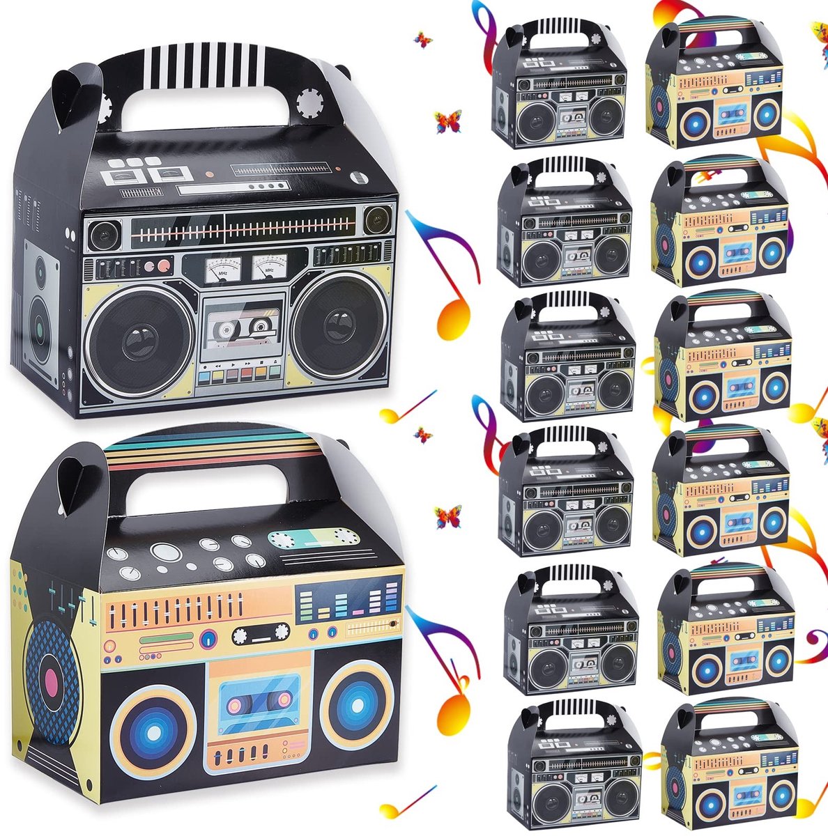 Dailygoods- Geschenkdozen met deksel - 12 stuks - Vintage radio-motief - Veelkleurig - Papiervulling - Afmetingen 16 x 9,5 x 9,5 cm - Cadeaudozen