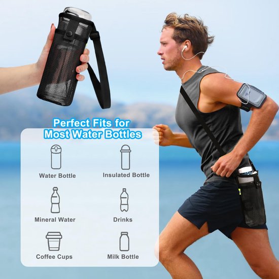 Dailygoods- Waterfleshouder met verstelbare schouderband - Fleshouder voor wandelen - Drinkfleshouder - Nylon - 19.5 x 9 cm - Zwart — afbeelding 4