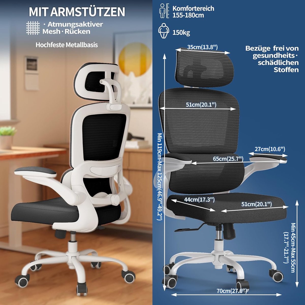Ergonomische Bureaustoel – House&Garden Arctic Air Pro Wit/Zwart – Verstelbare Hoofdsteun & Lendensteun – Mesh Kantoorstoel – Gaming Stoel – Computerstoel – Bureaustoel 150 kg – Ergonomische Thuiswerkstoel voor Kantoor & Home Office