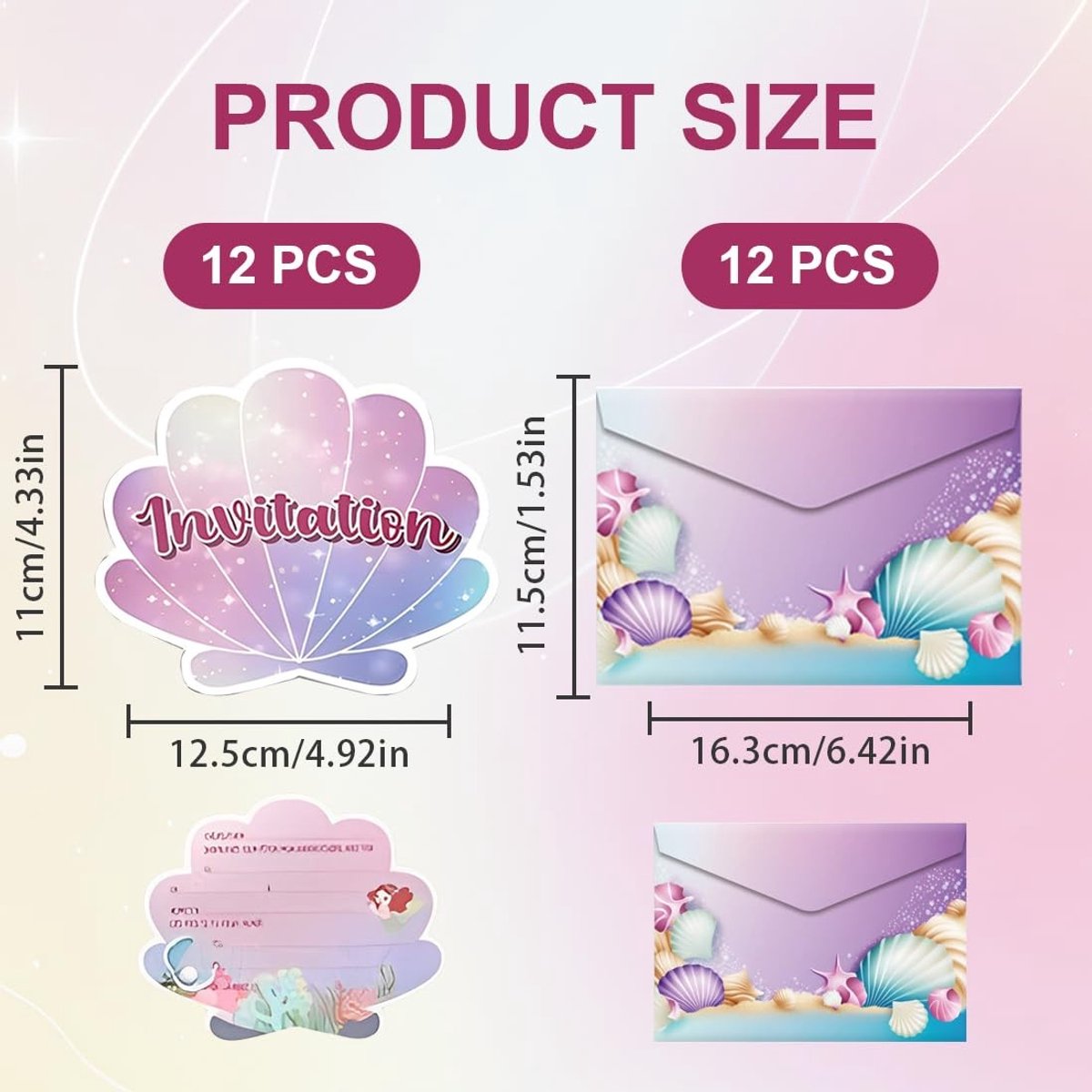 Dailygoods- Verjaardagsuitnodigingen 12 stuks - Uitnodigingen Kinderfeestje - Uitnodigingskaarten - Schelppatroon - Zeemeermin Geschenktas - Hoogwaardig Papier