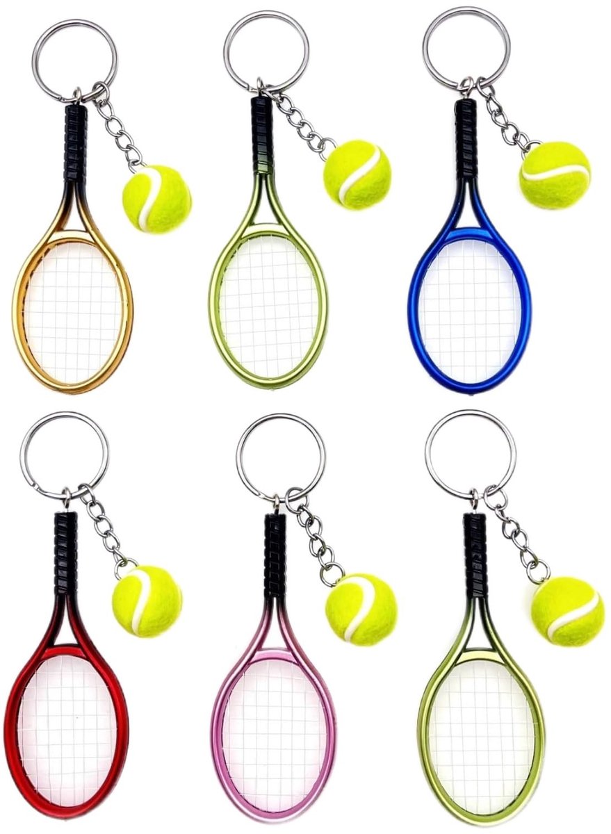 Dailygoods- Tennisracket Sleutelhanger 6 Stuks - Mini Sleutelhanger - Tennisbal Sleutelhanger - Sport Souvenir - Tenniscadeau - Kunststof 10x3,8 cm