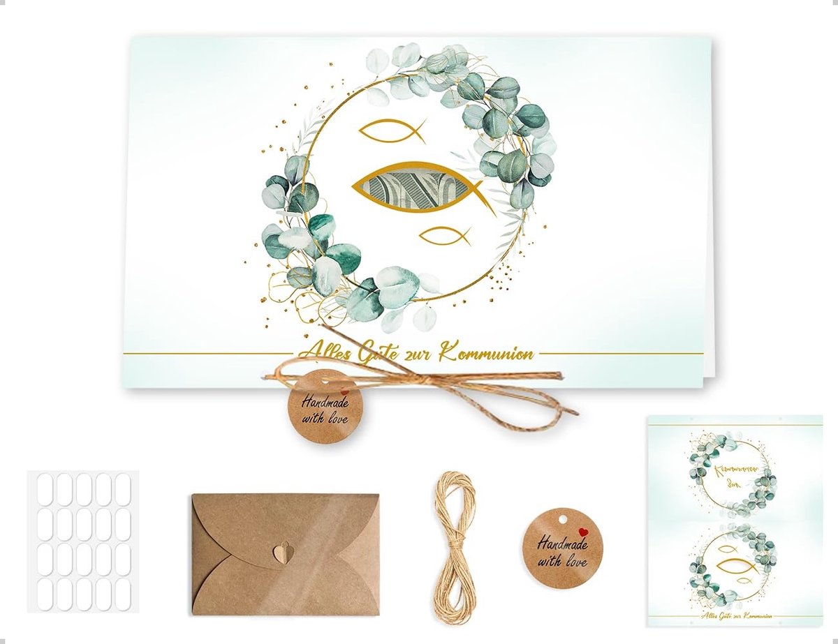 Dailygoods- Communiekaarten Groen Ontwerp - Communiekaarten met Envelop - Henneptouw - Stickers - Plakpunten - Duurzaam Papiermateriaal - Feestkaarten