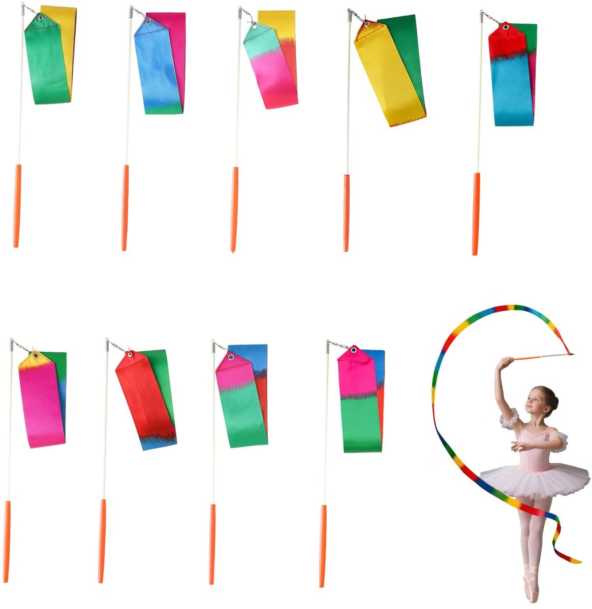 Dailygoods- Dansbanden Set van 10 - 2 m Vlampatroon - Gymnastiekband voor Ritmische Gymnastiek - Circus en Kinderdans - 29 cm Handvat - Veelkleurig Patroon