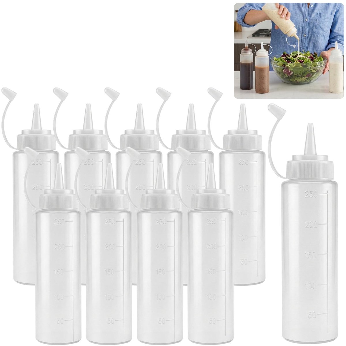 Dailygoods- Squeeze Fles 250ml - Set van 10 - Plastic Knijpfles - Lekvrije Sluiting - Voedselveilige Dispenser - Transparant Materiaal - Saucebottle