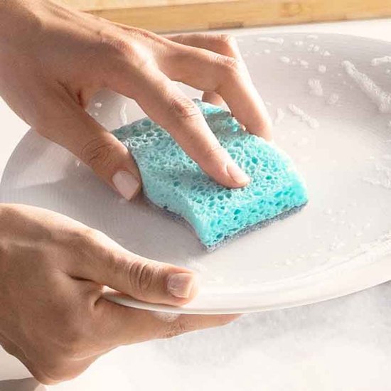 Mains lavant une assiette blanche avec une éponge à récurer bleue.