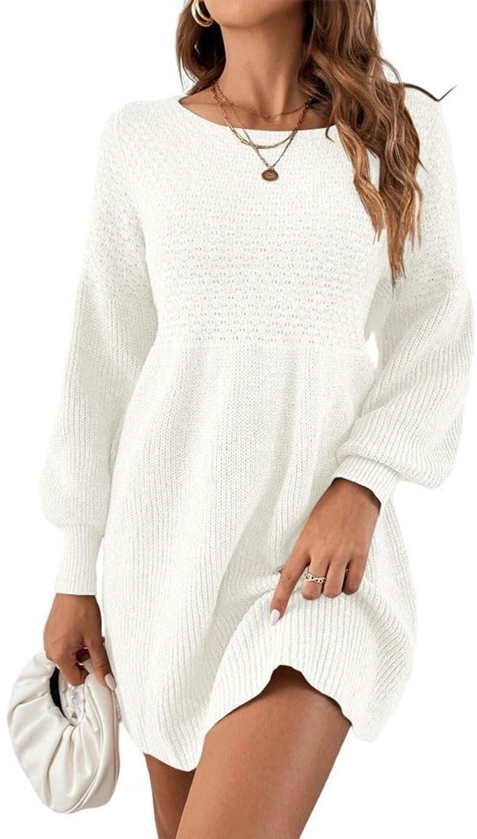 Dailygoods- Damesjurk Hoog Getailleerd - Gebreide Jurk - Pofmouwen - A-lijn - Mini-jurk - Casual/Comfortabel - Trui-jurk