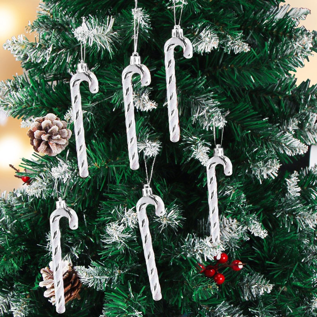 Dailygoods- Suikerstokdecoratie 12 stuks - Kerstboomversiering - Glitter - Hanger met koord - Kunststof - 13 cm lang - Kerstversiering – foto 2