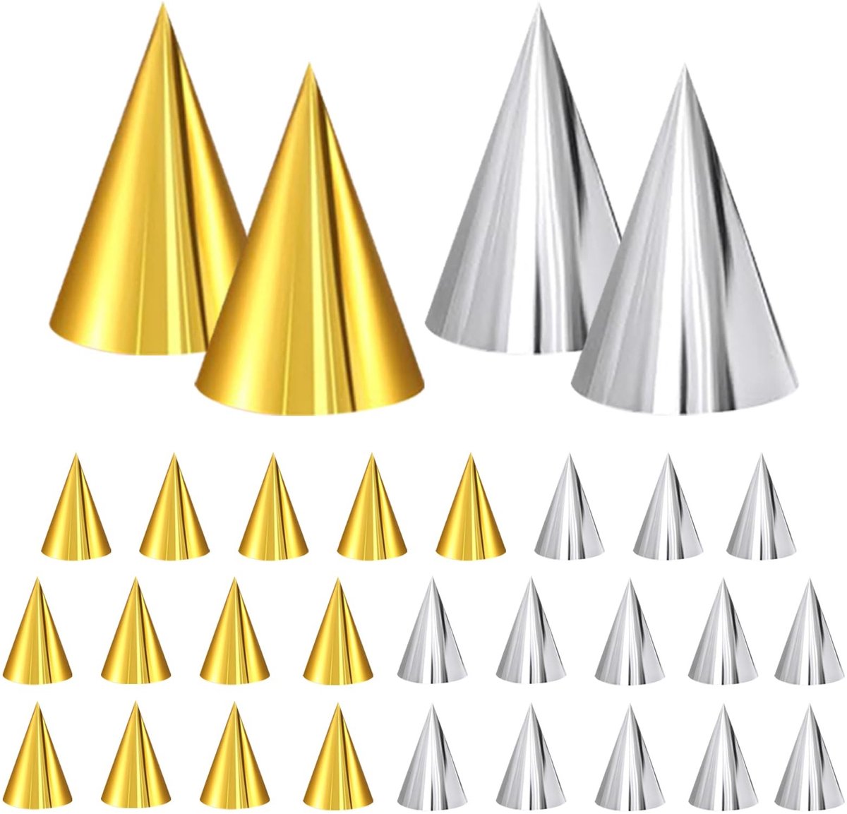 Dailygoods- Feestmutsen 30 Stuks - Kegel Hoeden - Goud/Zilver - Verjaardag Decoratie - Lichtgewicht - Hoogwaardig Papier - Partyhoeden