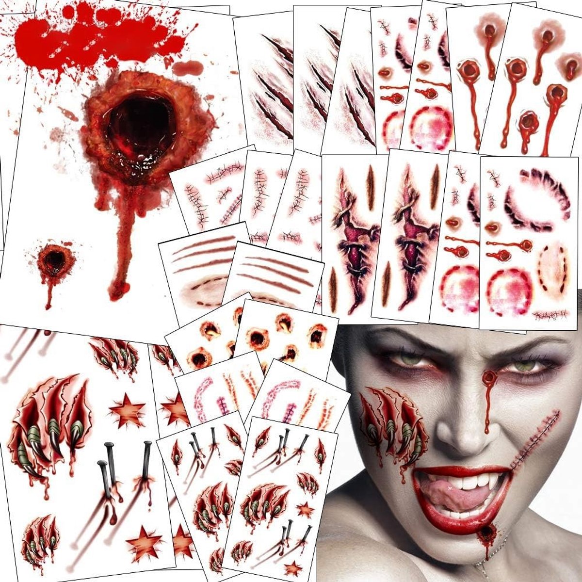 Dailygoods- Tatoeages Halloween - 24 Vellen Tijdelijke Tatoeages - Littekens/Wonden - Bloed/Hechtingen - Realistische Stickers - Voor Kostuum/Make-up - Tijdelijke Tattoo