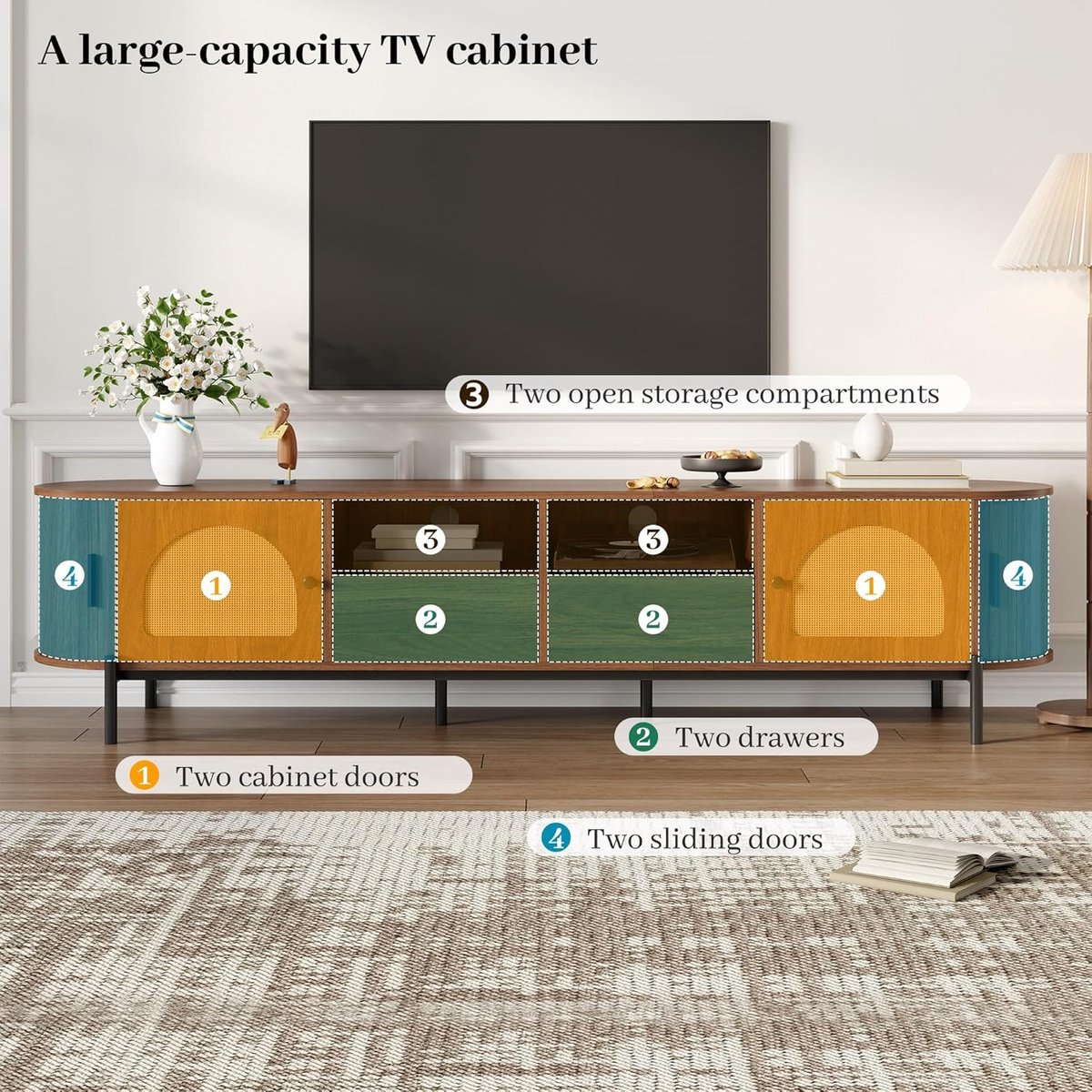 TV-meubel 200 cm – Ovaal houten design tv kast met rotan schuifdeuren en kabelmanagement – Scandinavische stijl vrijstaand mediameubel voor woonkamer – Mobili Bella