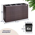 Bruine plantenbak van polyrattan met afmetingen 95x27x60cm. Met 4 uitneembare binnenpotten van 20x20x16cm.