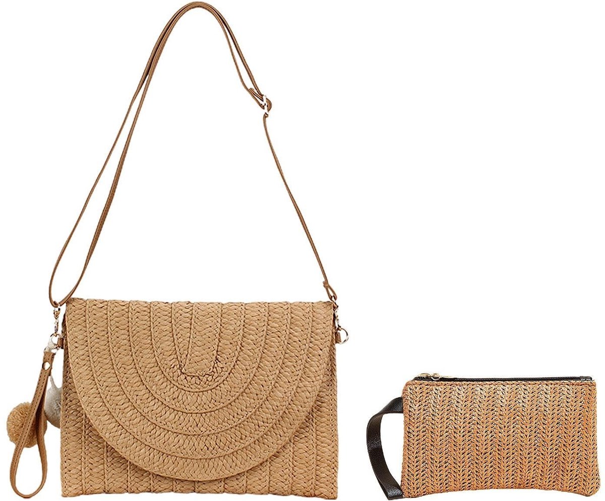 Dailygoods- Strooientas met schouderband - Rieten Strandtas - Handtas - Dames Clutch - Lichtbruine Tas - Hoogte 20 cm, Lengte 27 cm