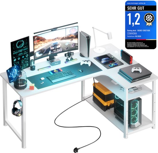 L-vormig gaming bureau met 2 monitoren, console, Switch, toetsenbord en muis. Met "Sehr Gut" beoordeling.