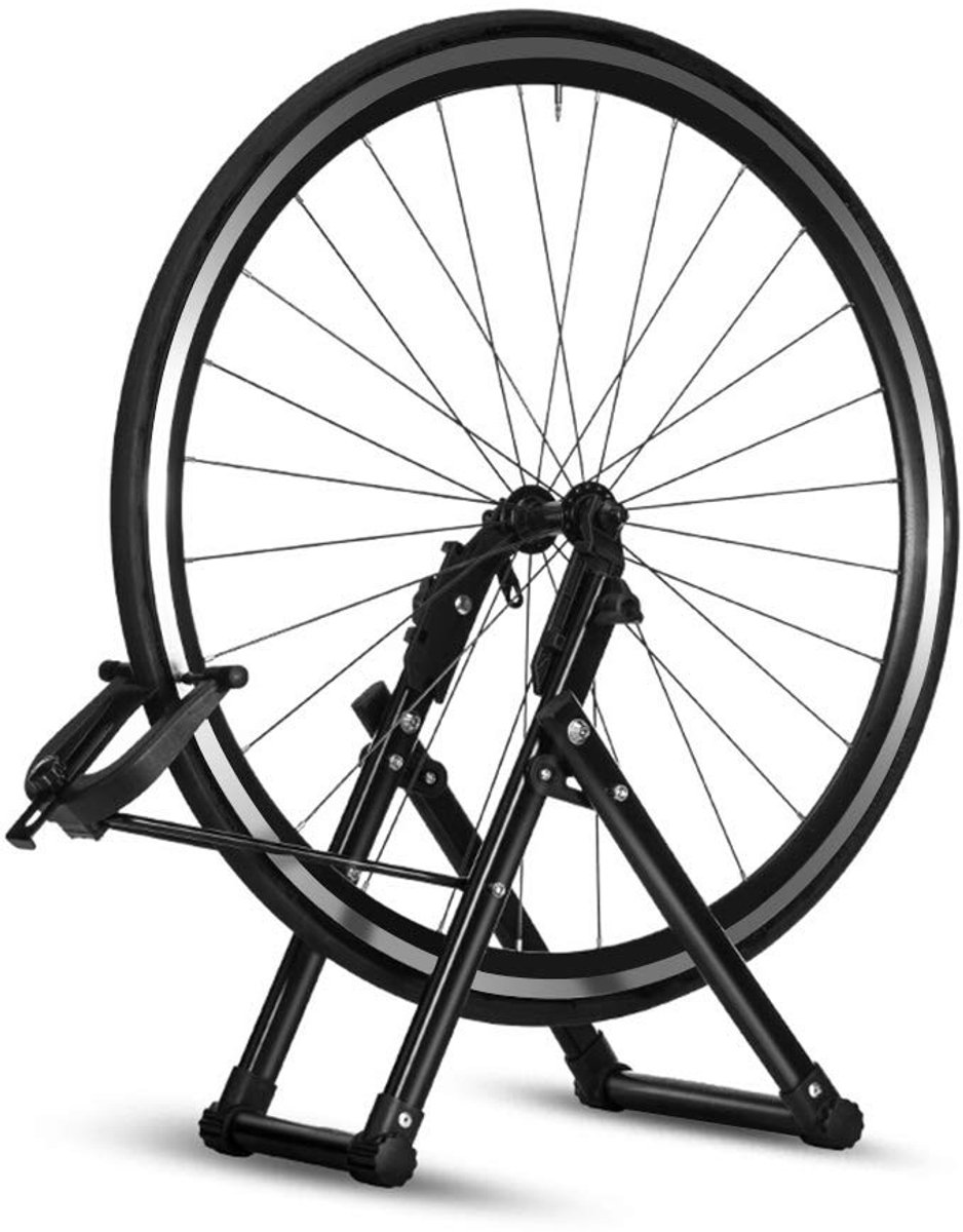 Dailygoods- Fietswiel Reparatiestandaard - Opvouwbare Montagebeugel - Achter Wielcentreerhouder - Geschikt voor Wielen 16-29 Inch - Hoogwaardig Aluminiumlegering - Stabiele Driehoekige Structuur - Fietswielhouder