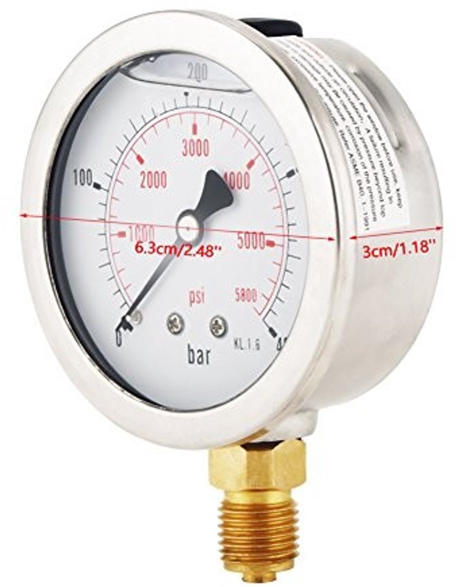 Dailygoods- Hydraulische Drukmeter 0-400 Bar - Manometer Waterdruk - Manometer Compressor - G1/4 Aansluiting - 63 mm Wijzerplaat - Metalen Buitenhuls