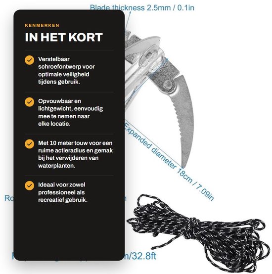 Dailygoods- Watersnijder met opvouwbaar onkruidmes - 10 m touw - Verstelbaar ontwerp - Draagbaar gereedschap - Hoogwaardig verzinkt ijzer - Veilig in gebruik - Onkruidverwijderaar van Dailygoods — afbeelding 4
