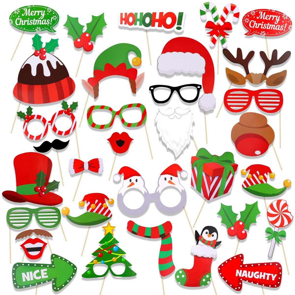 Dailygoods- Fotocabine Props Set van 32 - Grappige Kerst Gezichtsmaskers - Elf Gewei/Kerstman Hoed - Snor/Neus/Bril/Lip - Zelf Plakken - Perfect voor Feestdagen - Fotorekwisieten