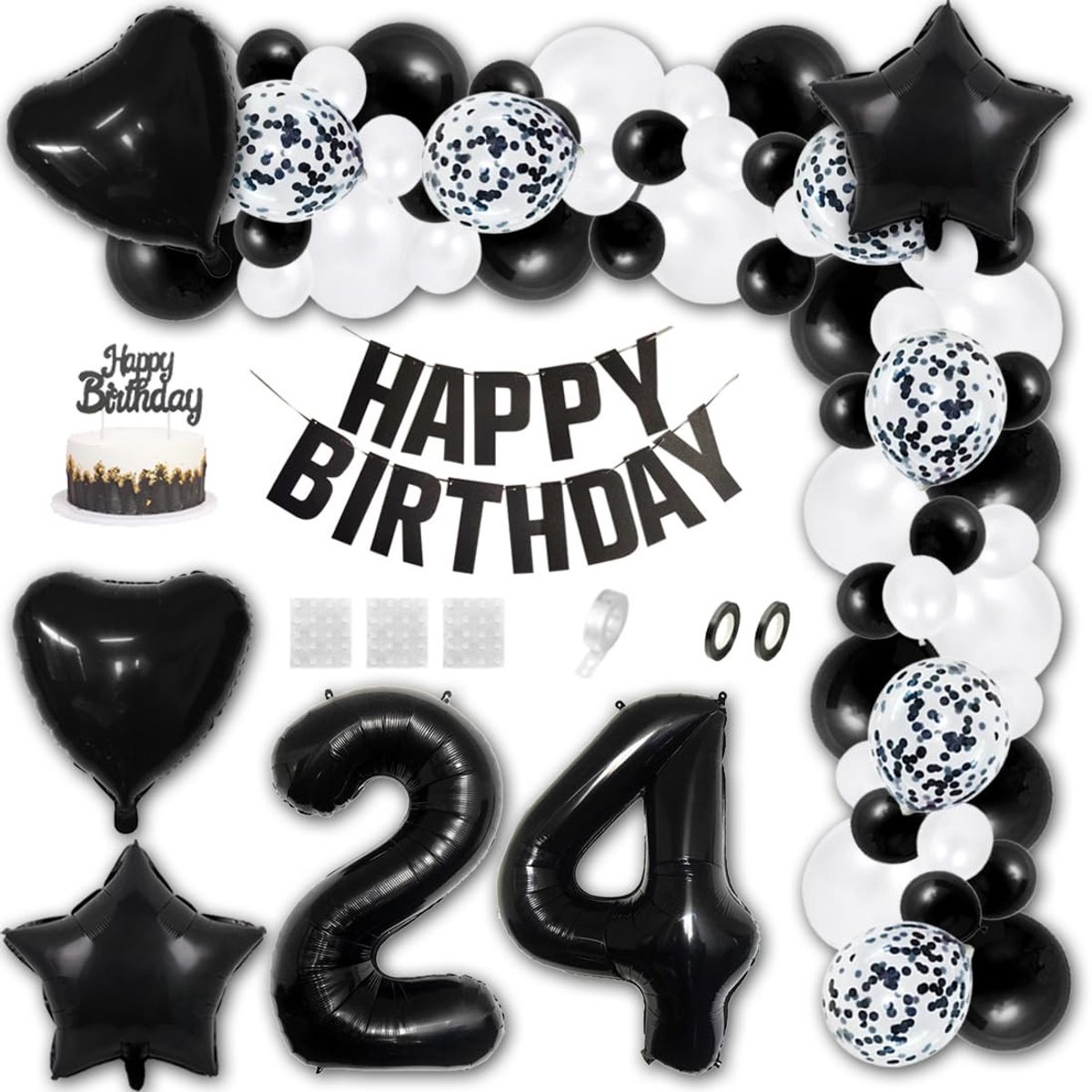 Dailygoods- Ballonnen Kit - 24 Stuks - Cijferfolieballon 32IN - Happy Birthday Banner - Folie/latex Ballonnen - Taarttopper - Herbruikbaar - Feestballonnen
