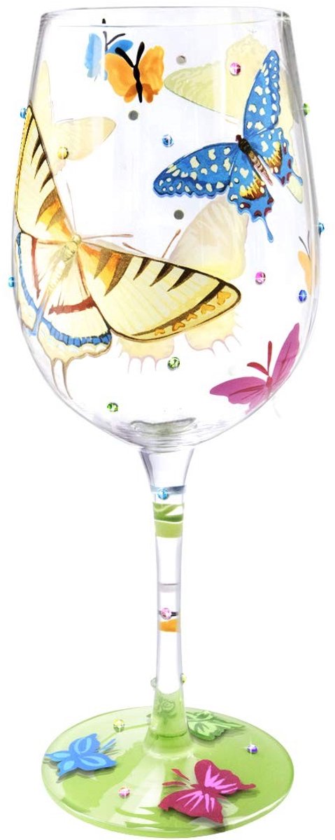 Dailygoods- Wijnglas Handgeschilderd - Kleurrijke Vlinders - 15 oz - Drinkgerei Set - Tafelinstelling - Uniek Cadeau - Drankglas