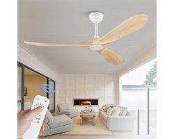 Merdoo Plafondventilator zonder Lamp - 60 inch - 3 Houten Bladen - Afstandsbediening - Wit/Naturel