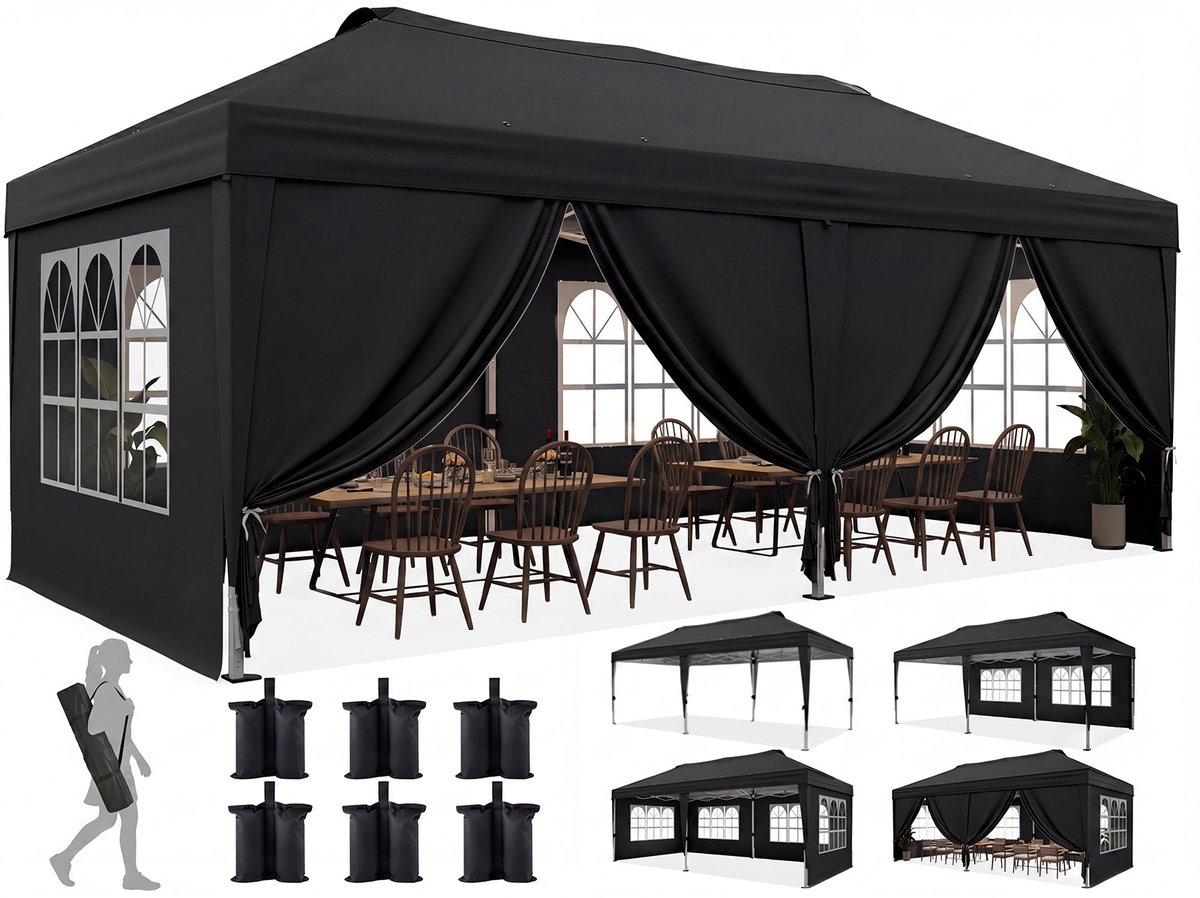 Quictent Vouwbare Partytent 3x6m – Partytent met centrale vergrendeling, 8 zijwanden – Zwart