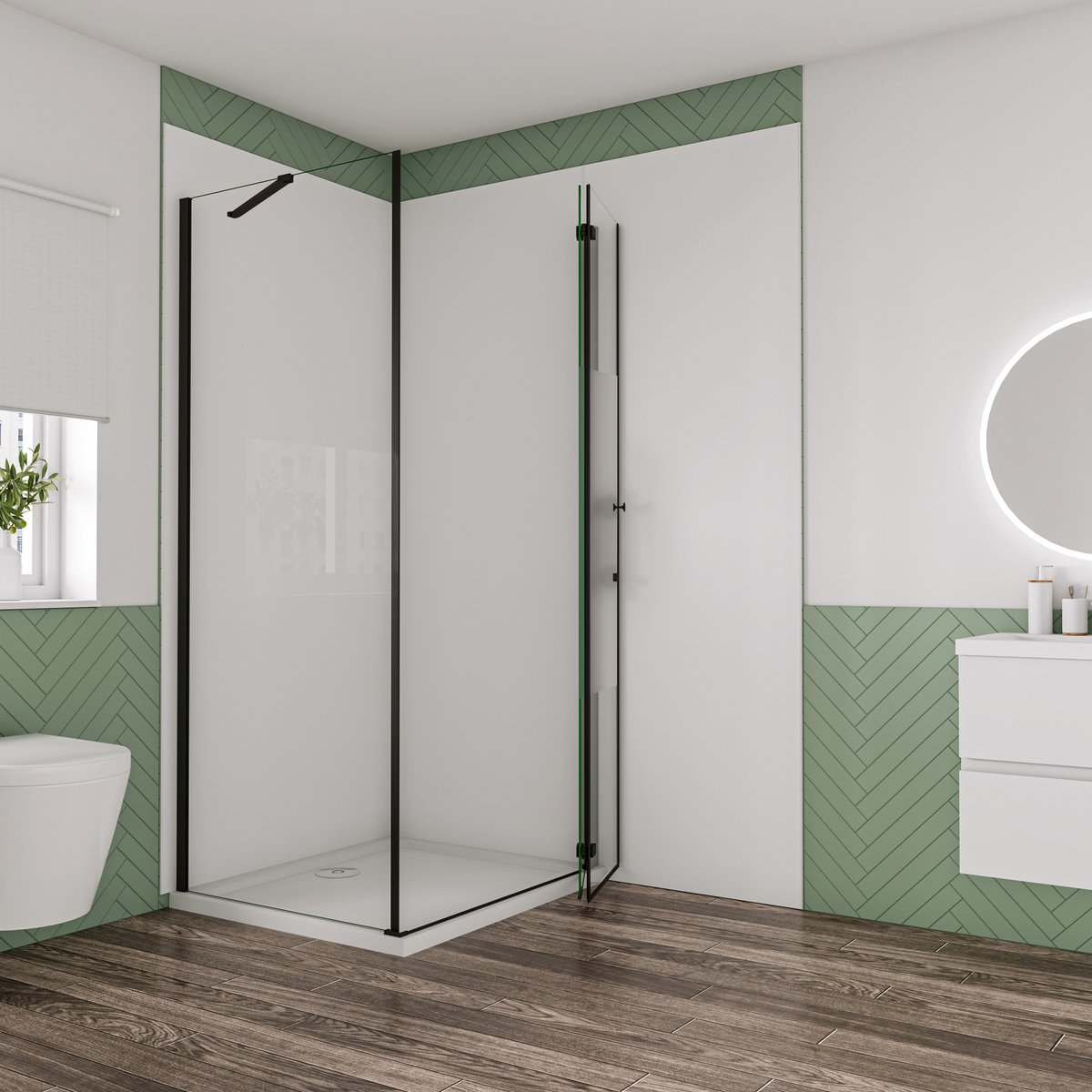 Aica Industriële douchecabine 110x76x195cm met vouwdeur en vaste zijwand 6mm nano veiligheidsglas ondoorzichtige matte middenstrook mat zwarte aluminium frame stabilisatiestang 50 cm incl. douchebak