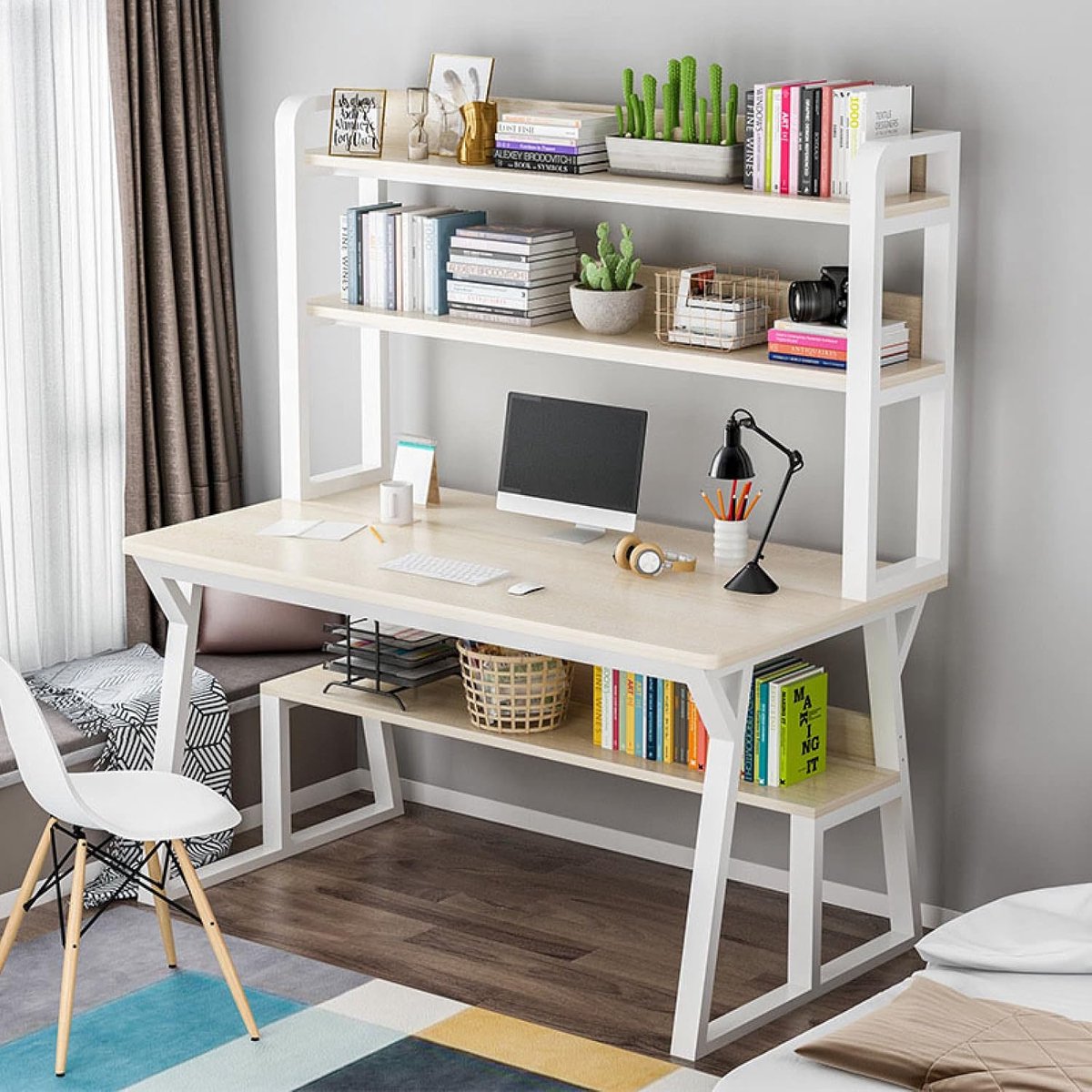 Computertafel met Boekenrek en Opbergplanken 100 x 50 x 150 cm – Bureau met Schappen – Computerbureau voor Thuiswerkplek, Kantoor, Studie en Gaming – Eiken Houtlook – Mobili Bella