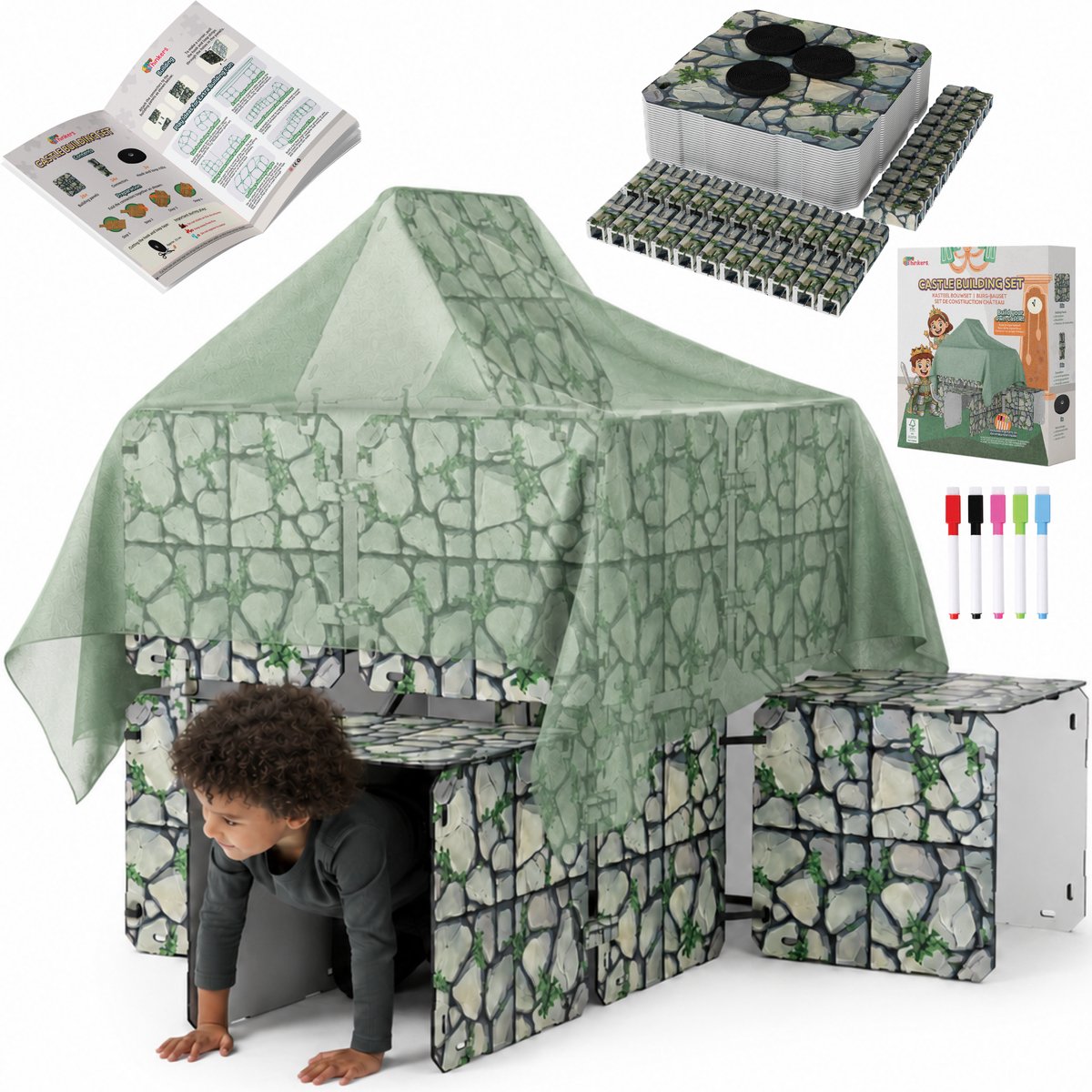Fort Bouwplaten Set - 68 Onderdelen - Kasteel Bouwen - Speeltent - Speelhuis Bouwset - Fort bouwen - Bouwpakket - Bouwspeelgoed - Constructiespeelgoed voor Kinderen