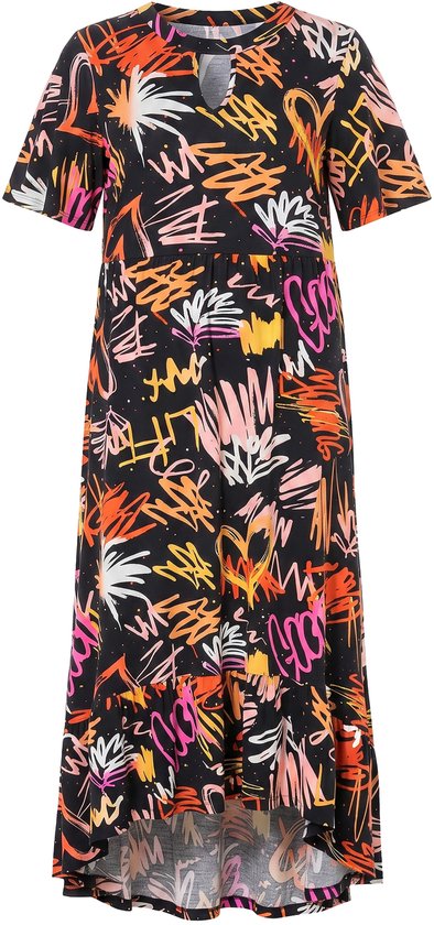 Zwarte jersey maxi-jurk met kleurrijk graffitipatroon, vlindermouwen en een asymmetrische geplooide zoom.