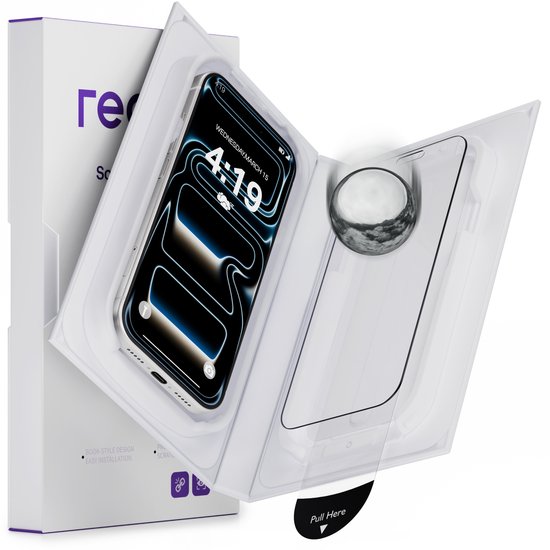 iPhone in verpakking met een screenprotector. Toont "Pull Here" tabblad.