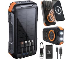 Nuvance Solar Powerbank 20000mAh – 22.5W Snellader – USB C & USB A – 4x Ingebouwde Kabels – Draadloze Powerbank 15W – Noodpakket – Powerbank Zonneenergie