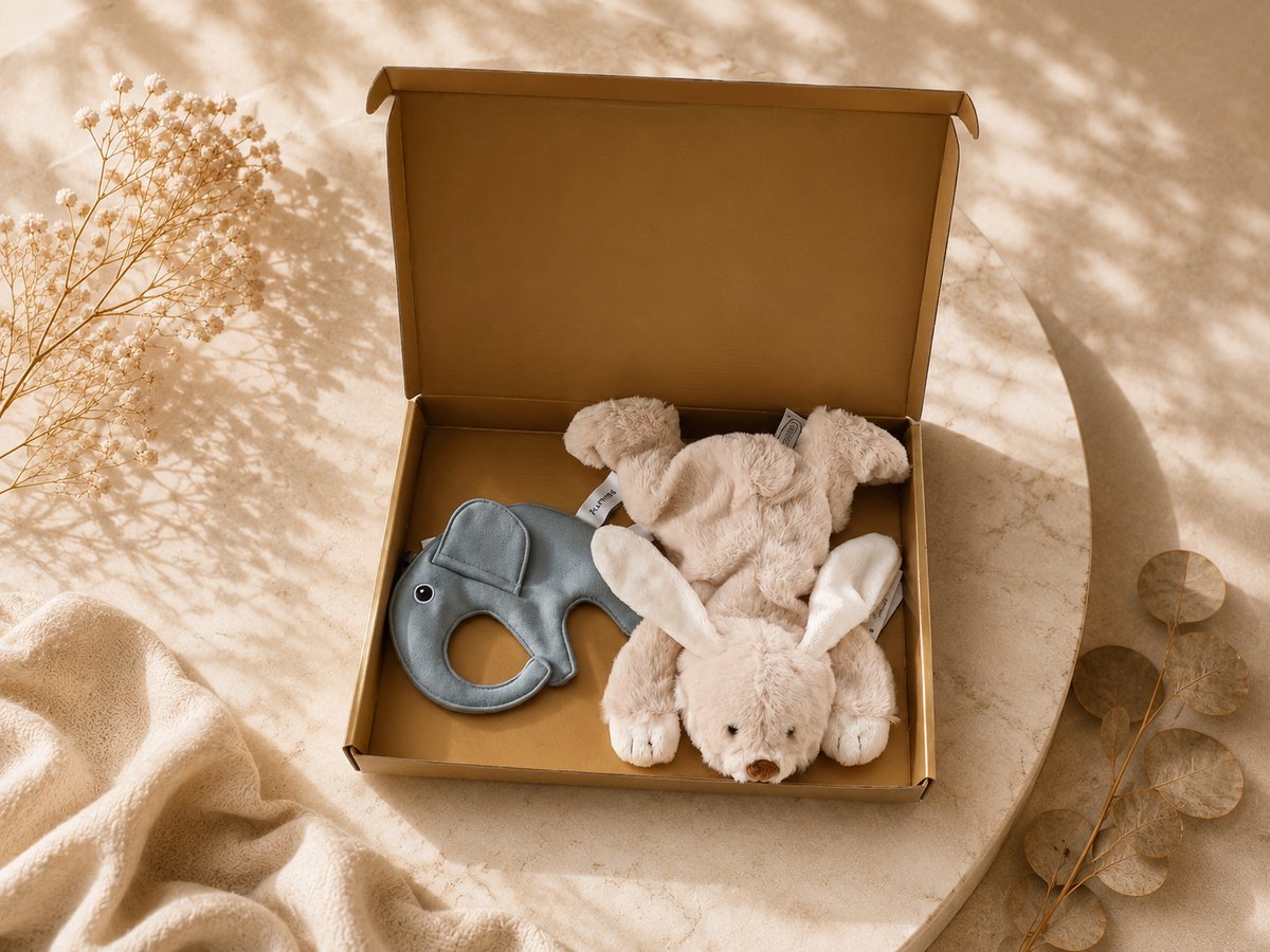 Kraamcadeau Baby – lichtblauw – beige – Knuffel & Speenkoord – Luxe Cadeauset – Past door de Brievenbus – baby jongen – kraampakket – babyshower – geschenkset