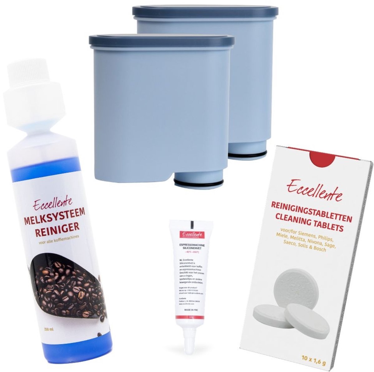 Eccellente Onderhoudspakket voor Philips LatteGo - 2 AquaClean Waterfilters, Reinigingstabletten, Melksysteemreiniger & Smeervet